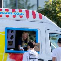 Students visiting Bumblebee Ice Cream van.